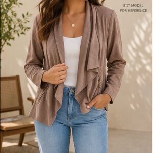 Adrienne Vittadini Taupe Jacket with Zippers Faux Suede